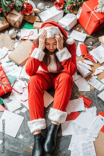 Obraz na płótnie Stressed woman in Santa suit sitting among scattered holiday letters and gifts in Christmas chaos w salonie