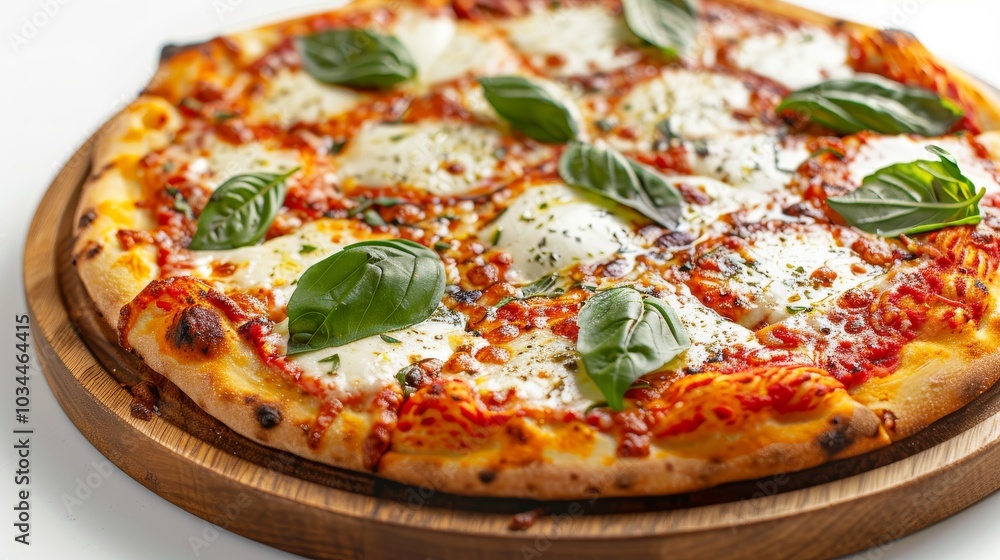 Classic Margherita pizza with fresh mozzarella and basil, served on a wooden plate isolated on a minimalist white background Classic Margherita pizza with fresh mozzarella and basil, served on a wooden plate isolated on a minimalist white background