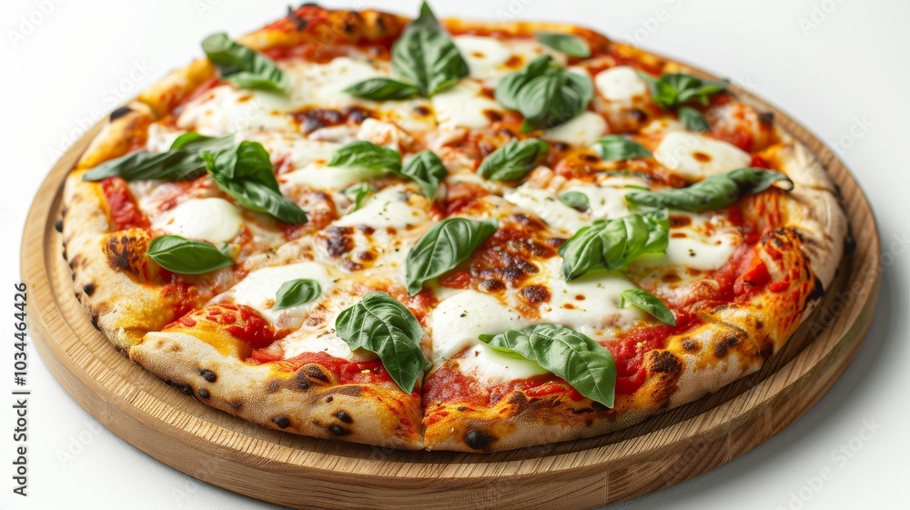 Classic Margherita pizza with fresh mozzarella and basil, served on a wooden plate isolated on a minimalist white background Classic Margherita pizza with fresh mozzarella and basil, served on a wooden plate isolated on a minimalist white background