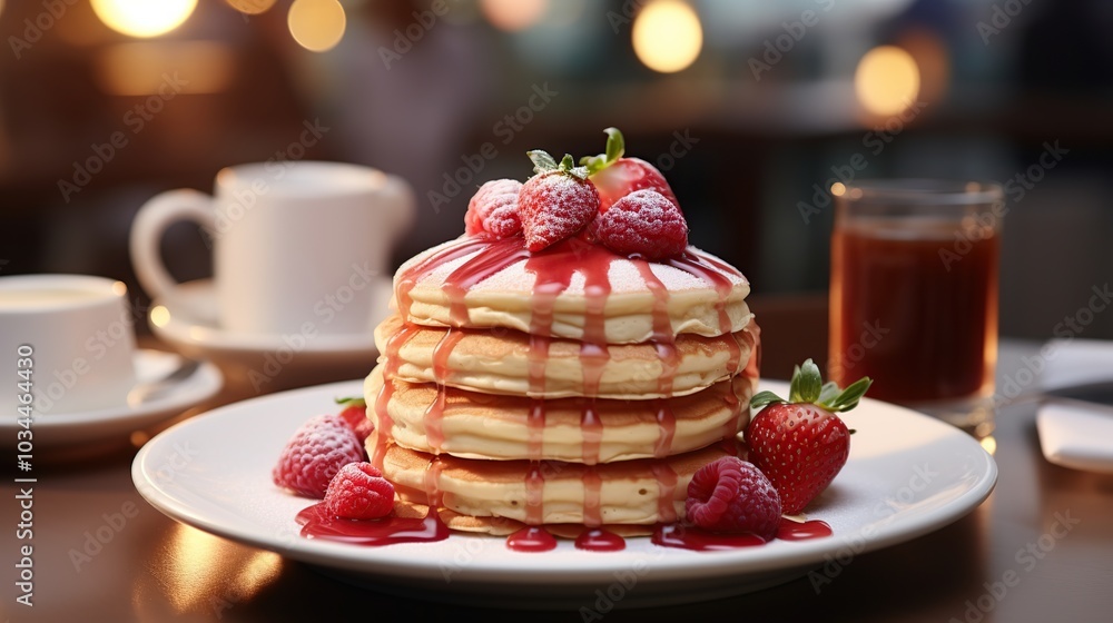 A stack of fluffy pancakes topped with fresh strawberries and raspberries, drizzled with syrup and a cup of coffee in the background. A stack of fluffy pancakes topped with fresh strawberries and raspberries, drizzled with syrup and a cup of coffee in the background.