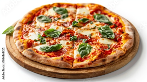 Classic Margherita pizza with fresh mozzarella and basil, served on a wooden plate isolated on a minimalist white background