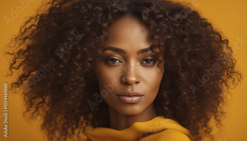 A portrait of a young African American woman with curly hair against a vibrant mustard-yellow background.


 photo