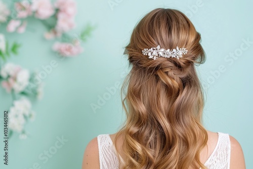 Back view of a woman with long, wavy blonde hair adorned with a silver bridal hairpiece, soft curls, elegant hairstyle, pastel green background, bridal beauty, copy space for text.

