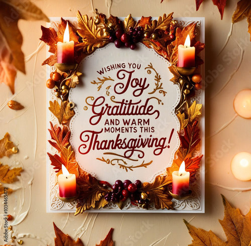 Elegant Thanksgiving Card with Autumn Leaves and Candlelit Glow