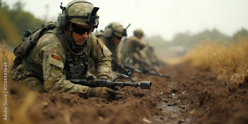 Fototapeta premium Soldiers meticulously sweeping the ground for landmines, showcasing their careful techniques and dedication to safety in a war-torn area, emphasizing vigilance and teamwork