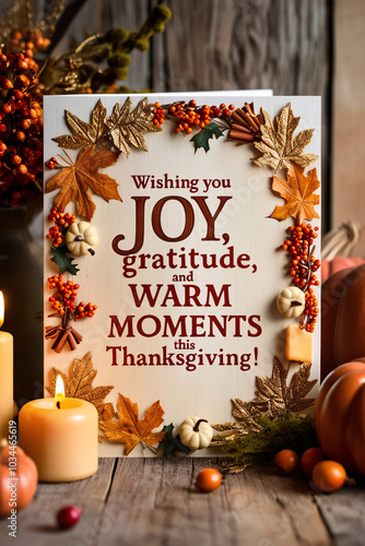 Festive Thanksgiving Greeting Card with Autumn Leaves, Candles, and Pumpkins