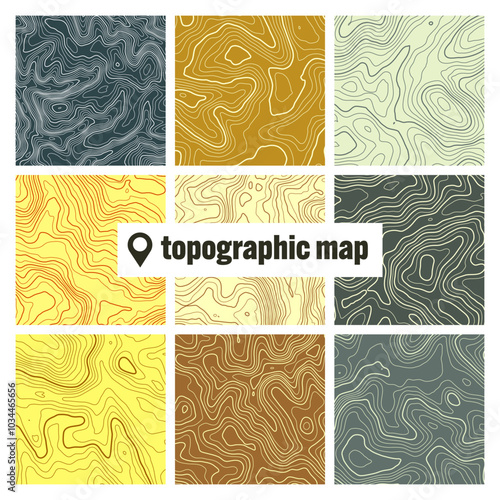 Colorful topographic map with contour lines. Geographic terrain grid, relief height elevation. Ground path pattern. Travel and navigation, cartography design element. Vector illustration