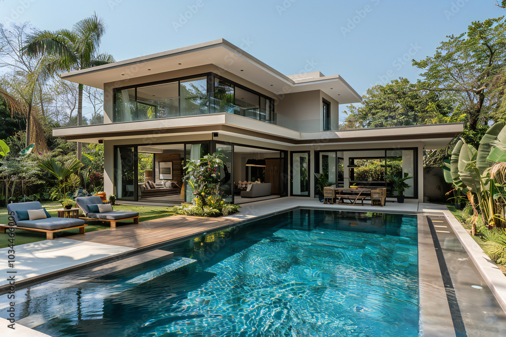 Fototapeta premium Modern House with Swimming Pool Exterior View
