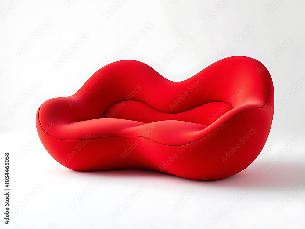 Unique Red Sofa with Bold Lip-Shaped Design Upholstered in Plush Textured Fabric, Soft and Inviting Appearance, Perfect for Modern Living Rooms Unique Red Sofa with Bold Lip-Shaped Design Upholstered in Plush Textured Fabric, Soft and Inviting Appearance, Perfect for Modern Living Rooms