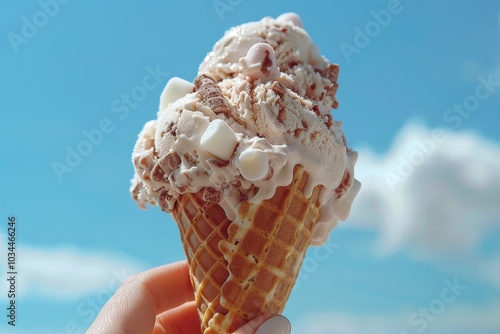 Close-up of a female hand holding a rocky road ice cream cone, white background, showcasing the mix of chocolate and marshmallows photo