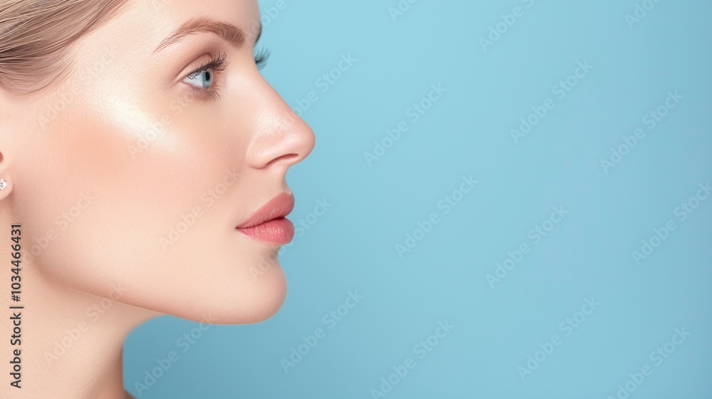 Side profile of a woman with blonde hair, blue eyes, natural makeup, glowing skin, light blue background, minimalistic beauty portrait, focus on skincare and facial features.
Side profile of a woman with blonde hair, blue eyes, natural makeup, glowing skin, light blue background, minimalistic beauty portrait, focus on skincare and facial features.
