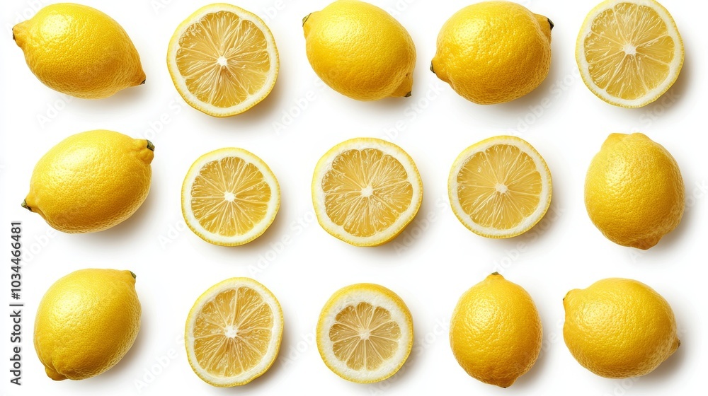 Collection of whole lemons and lemon slices, isolated on a white background, emphasizing their zesty texture Collection of whole lemons and lemon slices, isolated on a white background, emphasizing their zesty texture