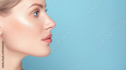 Side profile of a woman with blonde hair, blue eyes, natural makeup, glowing skin, light blue background, minimalistic beauty portrait, focus on skincare and facial features.