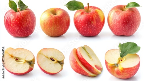 Collection of whole apples and apple slices, isolated on a white background, emphasizing their sweet and crunchy texture