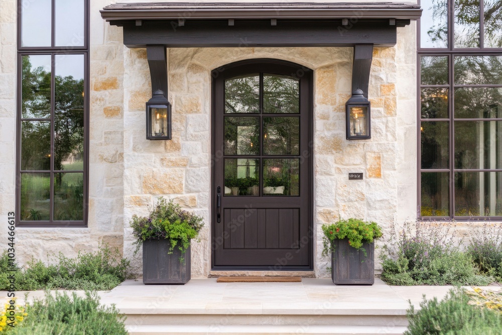 a front door with two planters on the steps a front door with two planters on the steps