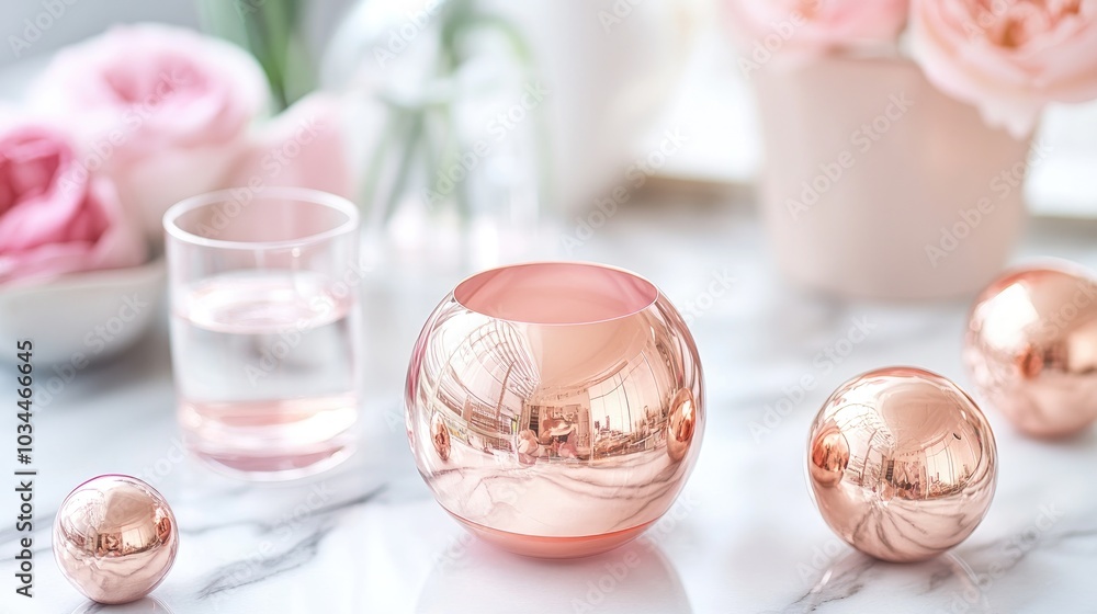 Elegant Rose Gold Decor with Flowers and Water Glass Elegant Rose Gold Decor with Flowers and Water Glass