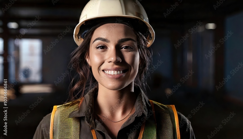 Smiling and cheerful young woman or worker in construction industry with dirty face standing Smiling and cheerful young woman or worker in construction industry with dirty face standing