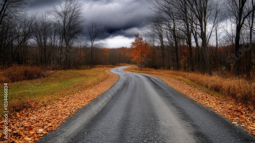 Winding road through autumn forest under dramatic cloudy sky, AI