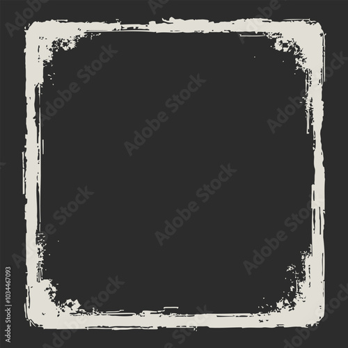A distressed, square frame with a dark background and a light gray textured border