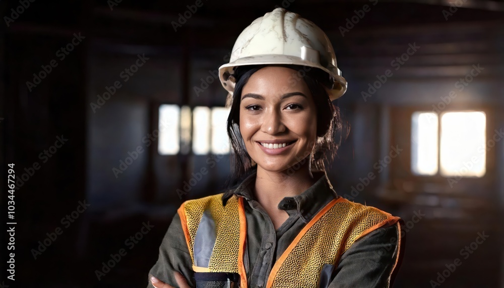 Smiling and cheerful young woman or worker in construction industry with dirty face standing Smiling and cheerful young woman or worker in construction industry with dirty face standing