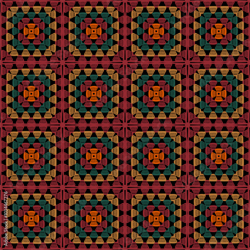 Pattern with crochet granny square with flowers wallpaper handmade decorative art design print	