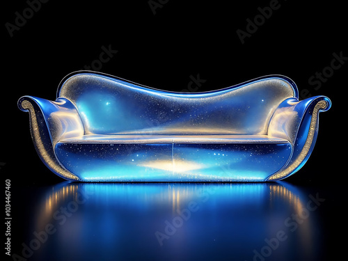 Futuristic Illuminated Sofa with Blue LED Ambient Lighting and Curved Design