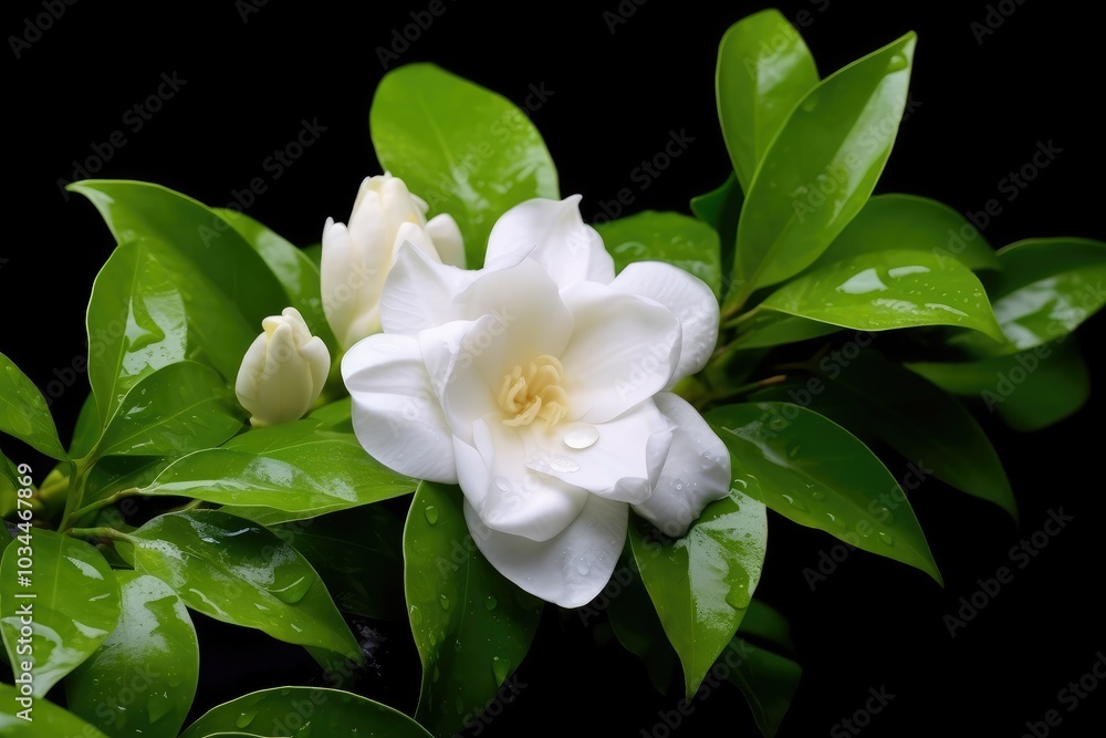 Obraz premium Cape jasmine flowers showcase their stunning white petals and glossy green leaves in a serene garden adding beauty to the warm afternoon