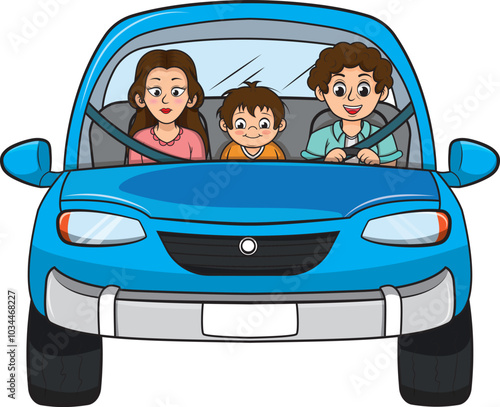 Familia viajando en automóvil, ilustracion vectorial estilo cartoon.