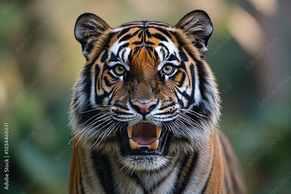 Tiger roaring fiercely, captured in detailed close-up, nature background. Tiger roaring fiercely, captured in detailed close-up, nature background.