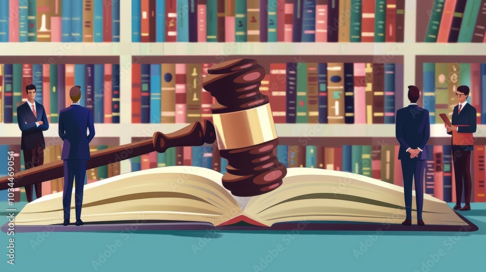 Legal Concept with Gavel and Open Book in Front of Diverse Law Library Shelves and Business Professionals Legal Concept with Gavel and Open Book in Front of Diverse Law Library Shelves and Business Professionals