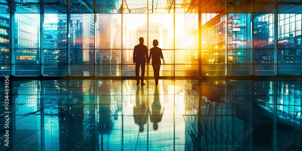 .Business Professionals Overlooking Cityscape from Modern Office with Glass Walls at Sunset.. .Business Professionals Overlooking Cityscape from Modern Office with Glass Walls at Sunset..
