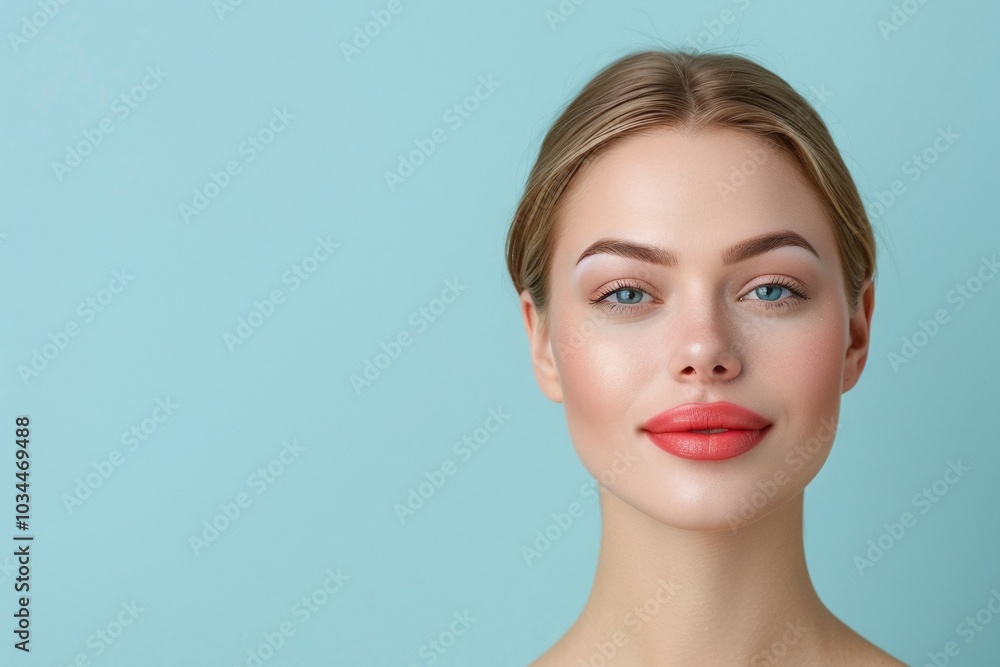 Woman with blonde hair, blue eyes, and red lipstick, front-facing beauty portrait, soft lighting, glowing skin, pastel blue background, skincare focus, clear copyspace for text.
Woman with blonde hair, blue eyes, and red lipstick, front-facing beauty portrait, soft lighting, glowing skin, pastel blue background, skincare focus, clear copyspace for text.