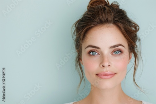 Wallpaper Mural Woman with light brown hair in a bun, blue eyes, and soft makeup, front-facing portrait, soft turquoise background, glowing skin, minimalistic, copyspace for text.

 Torontodigital.ca