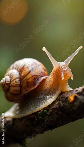 Macro photography capturing the intricate details of a snail, showcasing its delicate shell, glistening texture, and soft body against a blurred natural background