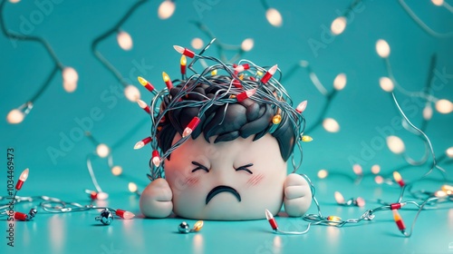 Obraz na płótnie Frustrated character tangled in Christmas lights, holiday stress concept, cute 3D illustration w salonie