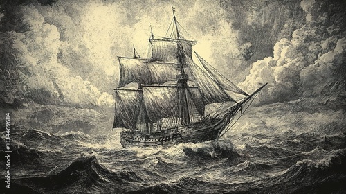 Ship braving stormy seas with dramatic clouds