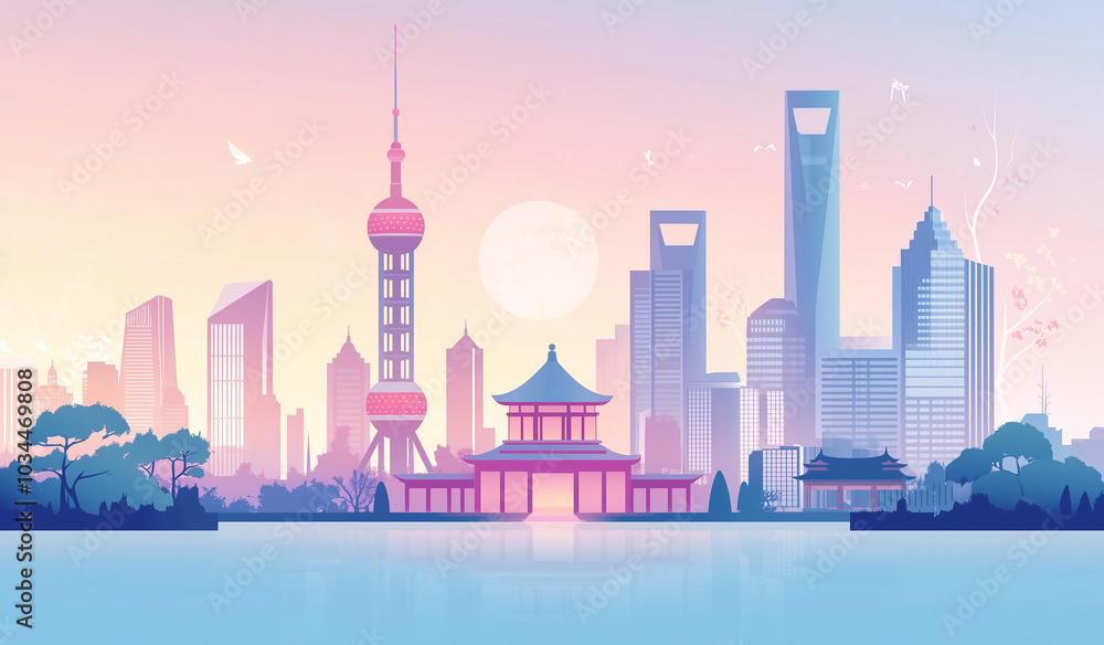 Obraz premium Minimalist Cityscape with Iconic Landmark and Soft Lighting, generative ai