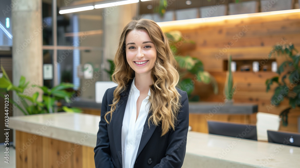 Smiling businesswoman with wavy blonde hair posing at a modern reception desk in an elegant corporate lobby. Smiling businesswoman with wavy blonde hair posing at a modern reception desk in an elegant corporate lobby.