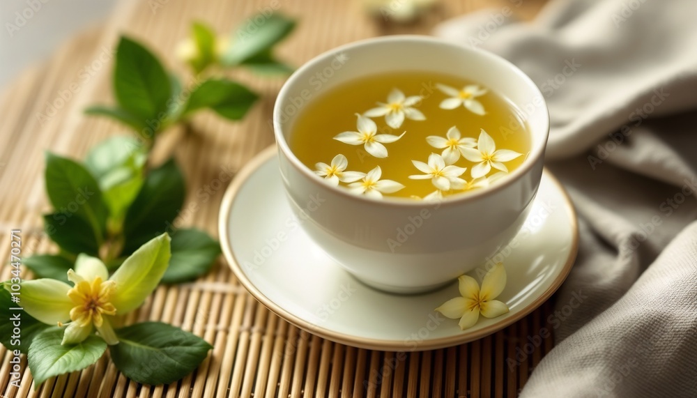 A cup of jasmine green tea rests on a bamboo mat, adorned with delicate floating jasmine flowers. Soft natural light enhances the tranquil atmosphere, inviting relaxation A cup of jasmine green tea rests on a bamboo mat, adorned with delicate floating jasmine flowers. Soft natural light enhances the tranquil atmosphere, inviting relaxation