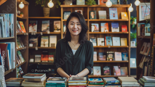 Friendly Asian woman behind a bookstore counter, surrounded by shelves of books, smiling and welcoming customers warmly.