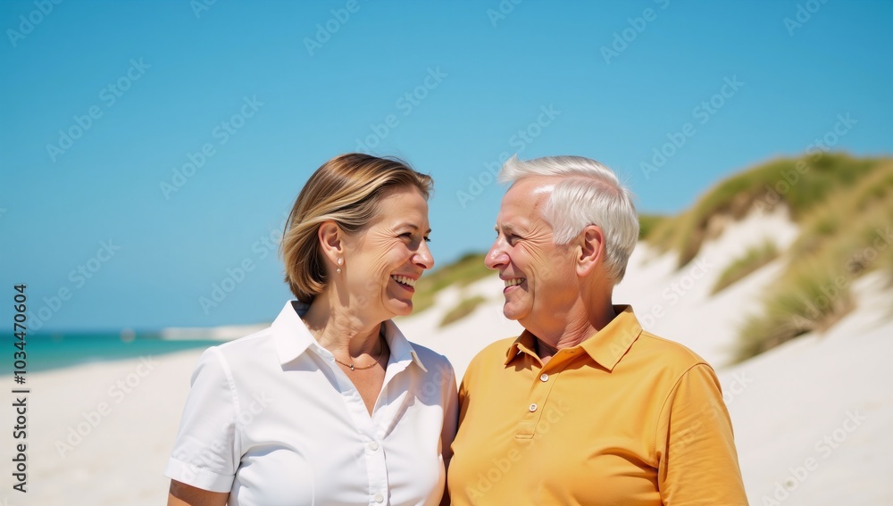 Senior couple smiles happily while posed together on a sunny beach Senior couple smiles happily while posed together on a sunny beach