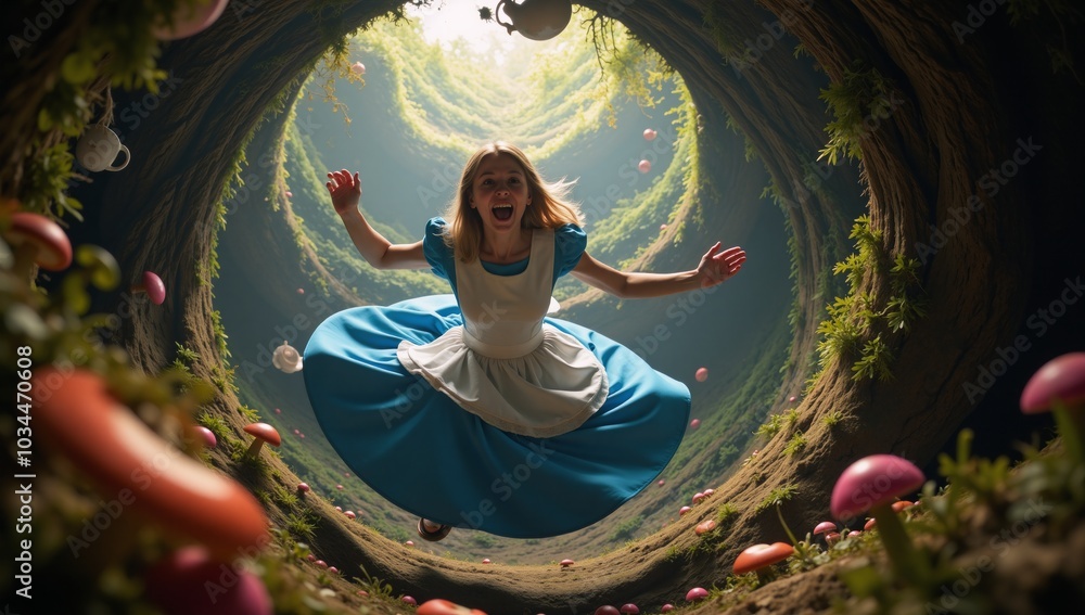 Alice tumbles through Wonderland with colorful whimsical surroundings highlighting her entrance to the fantastical realm