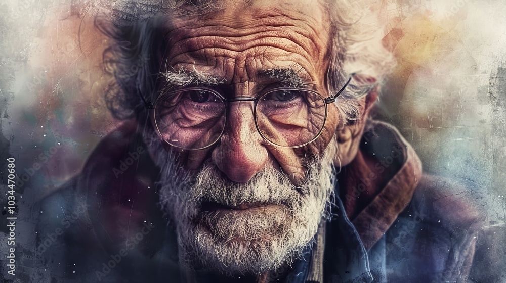 Portrait of an Elderly Man with Glasses in Artistic Style Capturing Emotion and Wisdom Through Detailed Facial Expressions Portrait of an Elderly Man with Glasses in Artistic Style Capturing Emotion and Wisdom Through Detailed Facial Expressions