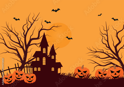 Halloween background with cemetery on full moon night and pumpkins with flying scary bats. Silhouette of trees and grass. vector illustration