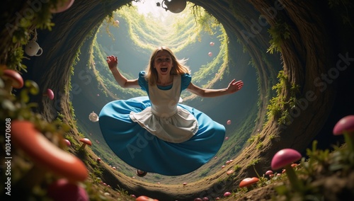 Obraz na płótnie Alice tumbles through Wonderland with colorful whimsical surroundings highlighting her entrance to the fantastical realm w salonie