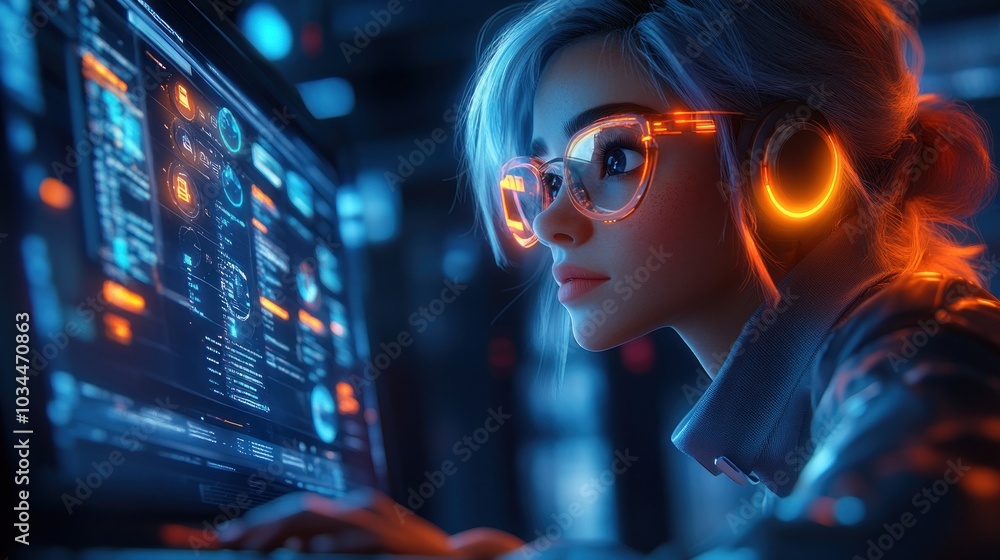Cyberpunk Woman Working on Computer Cyberpunk Woman Working on Computer