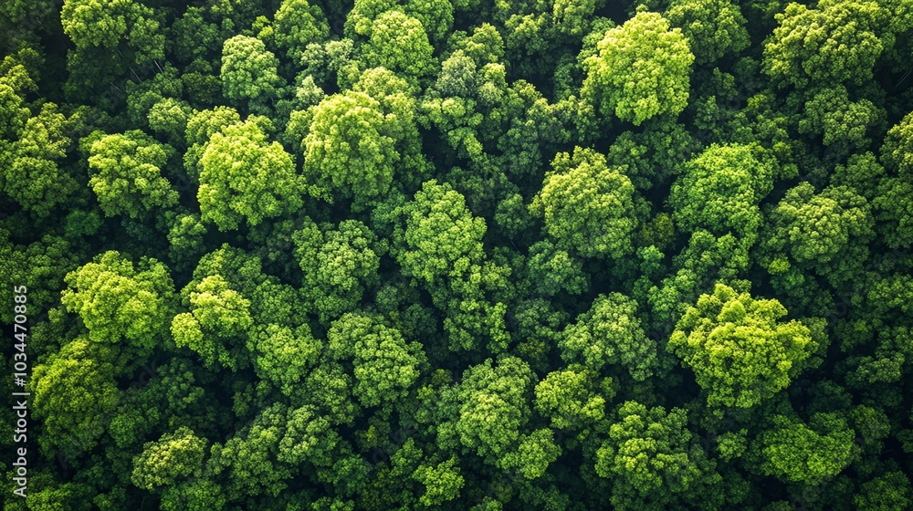 Naklejka premium Lush green forest canopy viewed from above, vibrant foliage.