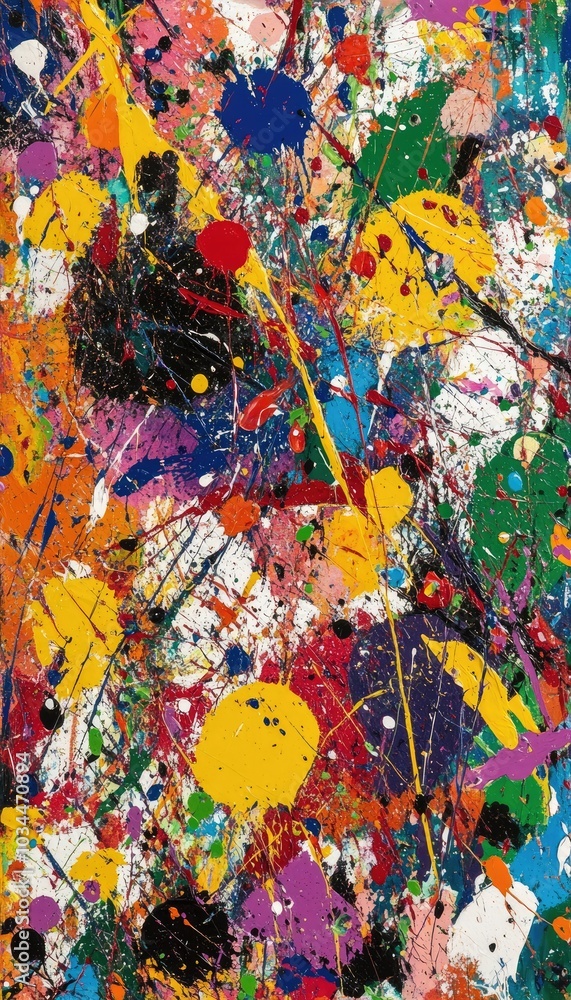 Chaotic, colorful splatter painting reminiscent Chaotic, colorful splatter painting reminiscent