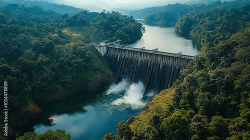 Aerial view of lush greenery and dam with flowing water, creating a serene landscape.