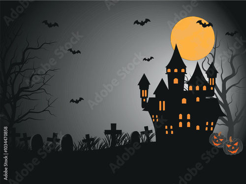 Halloween haunted old house and cemetery skyline view. Happy Halloween scary background or banner, creepy cemetery vector background